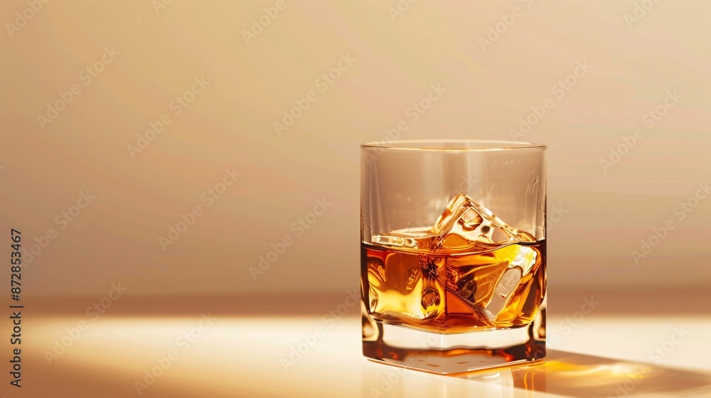 A sleek glass of whiskey with a few ice cubes, set on a smooth, neutral-toned background