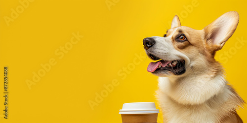 A happy Corgi dog with tan fur is on yellow background next to a recycled takeaway coffee cup, on a teal background. ideal for themes related to pets, coffee, and relaxation. Concept of sustainability photo