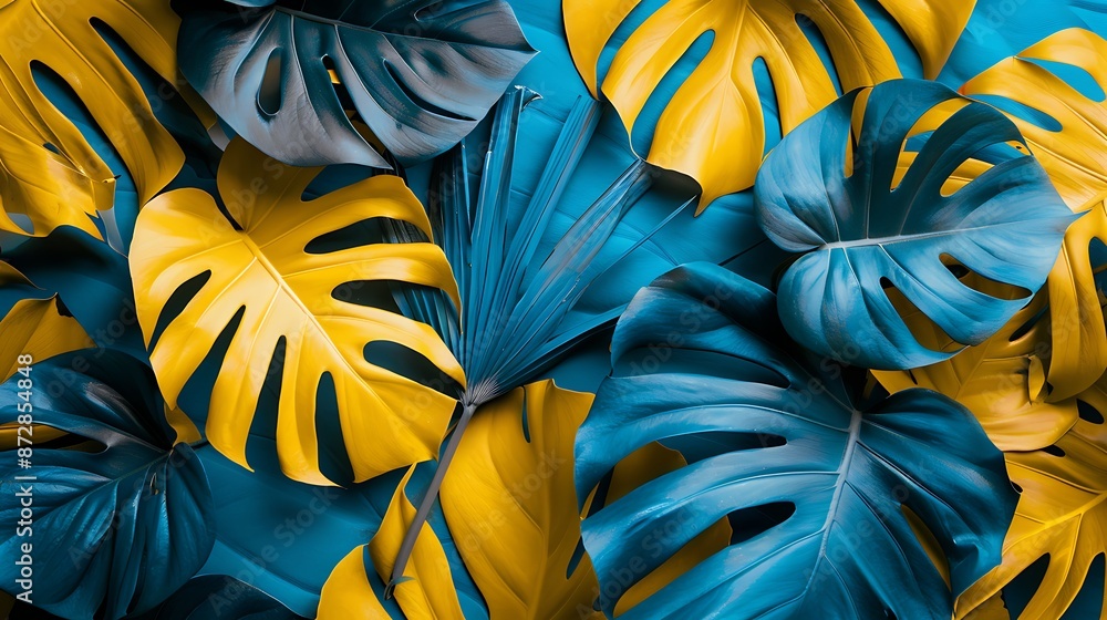 A mix of fluorescent yellow and blue tropical leaves in a minimalistic layout, vibrant and colorful, A mix of fluorescent yellow and blue tropical leaves in a minimalistic layout, vibrant and colorful,