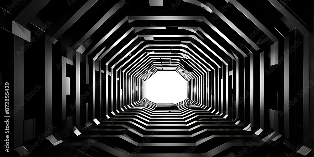black and white tunnel structure representing data and communication in abstract geometry black and white tunnel structure representing data and communication in abstract geometry
