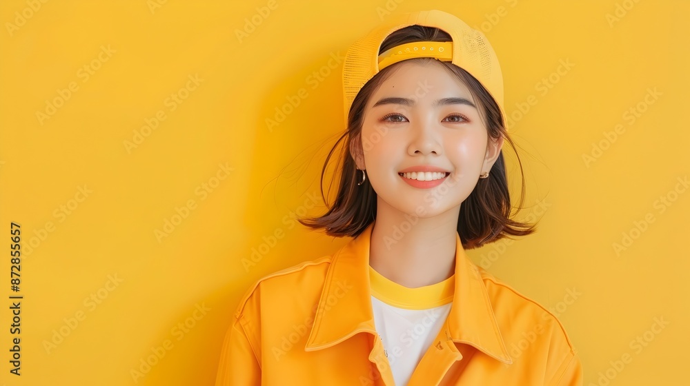 Attractive Smiling Thai Woman in Modern Costume on Sunny Yellow Background Attractive Smiling Thai Woman in Modern Costume on Sunny Yellow Background