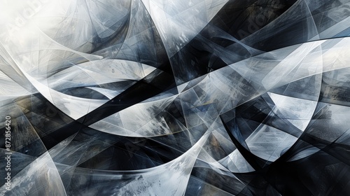 Abstract painting in shades of grey and black, featuring flowing, dynamic lines and shapes. photo