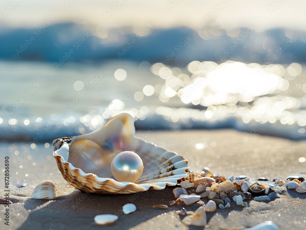 Shiny Pearl in Seashell on Beach Sand Shiny Pearl in Seashell on Beach Sand