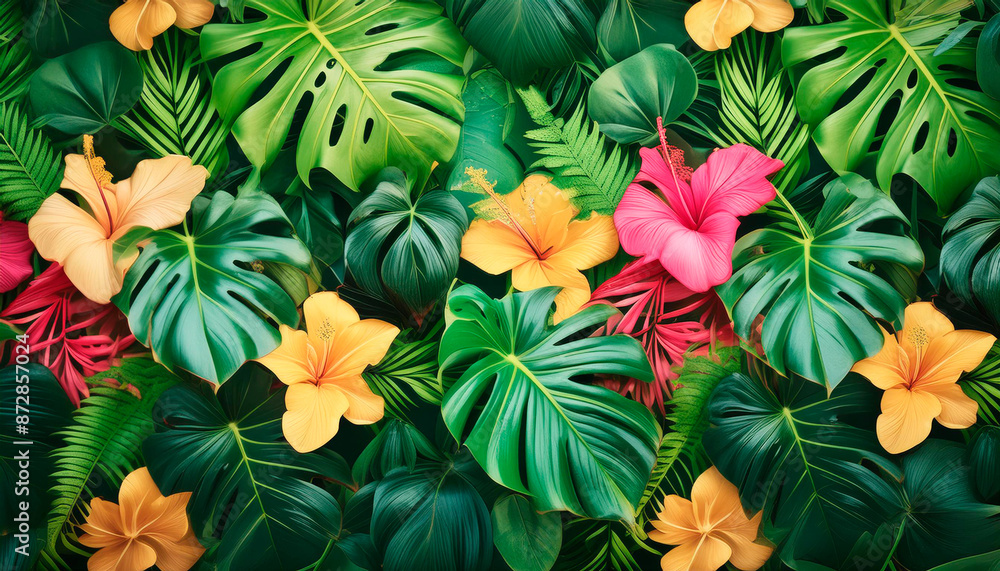 A captivating illustration featuring a pattern of tropical leaves and vibrant flowers, showcasing lush greenery and colorful blooms against a dark background. A captivating illustration featuring a pattern of tropical leaves and vibrant flowers, showcasing lush greenery and colorful blooms against a dark background.