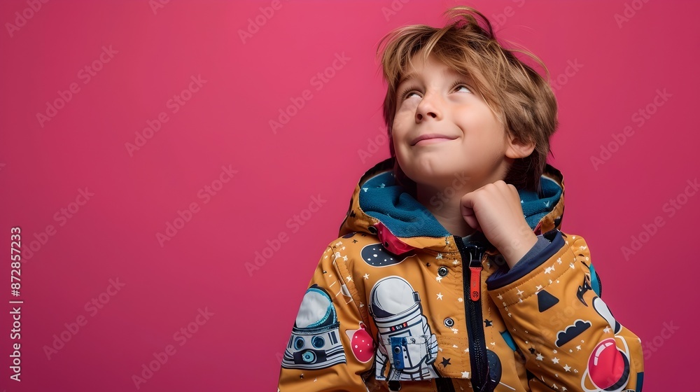 Cheerful Child in Whimsical Astronaut Suit Against Vibrant Pink Background Cheerful Child in Whimsical Astronaut Suit Against Vibrant Pink Background