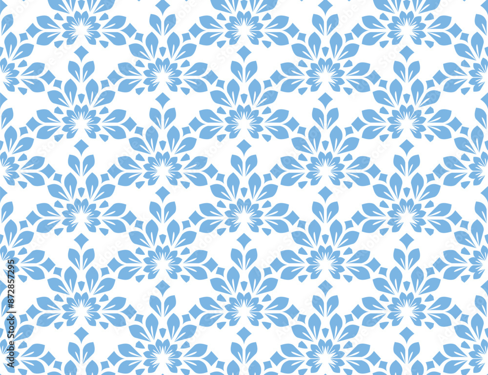 Flower geometric pattern. Seamless vector background. White and blue ornament Flower geometric pattern. Seamless vector background. White and blue ornament