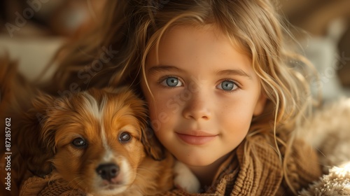 Young Girl With Blue Eyes Smiling at Camera With Small Puppy © fotofabrika