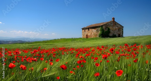 Tuscany Poppy Field with Old Stone House