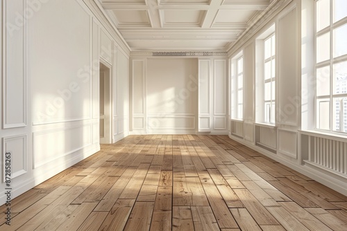 empty room with parquet floor and white walls