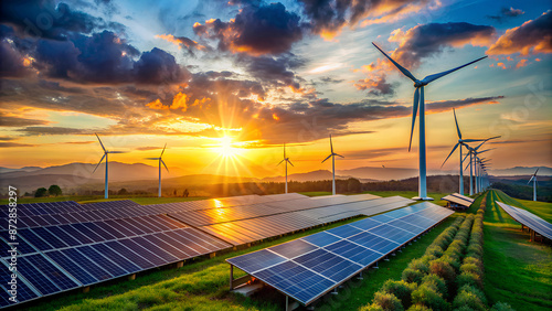 Powerplant with photovoltaic panels and eolic turbine. clean energy