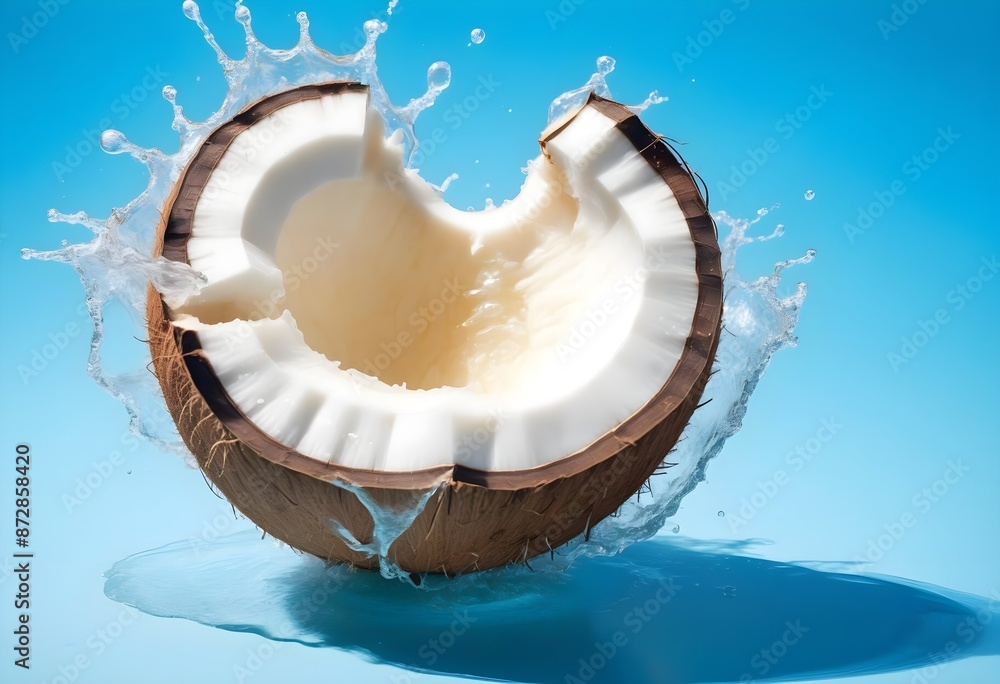 a coconut with water splashing out of it against a bright blue background a coconut with water splashing out of it against a bright blue background