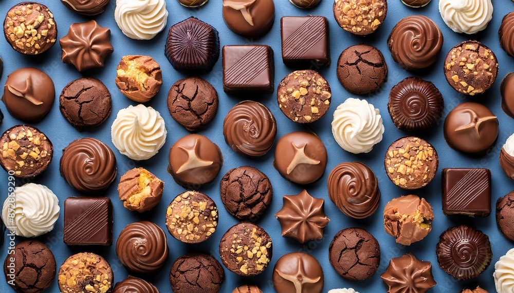 Assorted Gourmet Chocolates Display on Blue Background Assorted Gourmet Chocolates Display on Blue Background