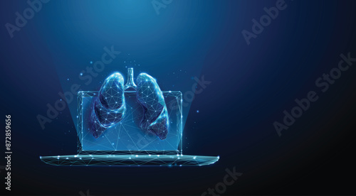 Abstract blue laptop with human lungs. Telemedicine, e-health, healthcare medical concept. Low poly futuristic technology digital neon style. Geometric background. Wireframe light structure. Vector.