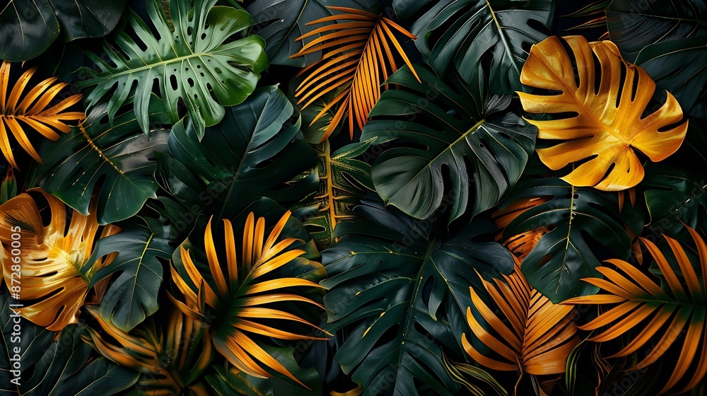 A nature-inspired flat lay of tropical leaves with glowing yellow and orange accents, ultra HD, A nature-inspired flat lay of tropical leaves with glowing yellow and orange accents, ultra HD,
