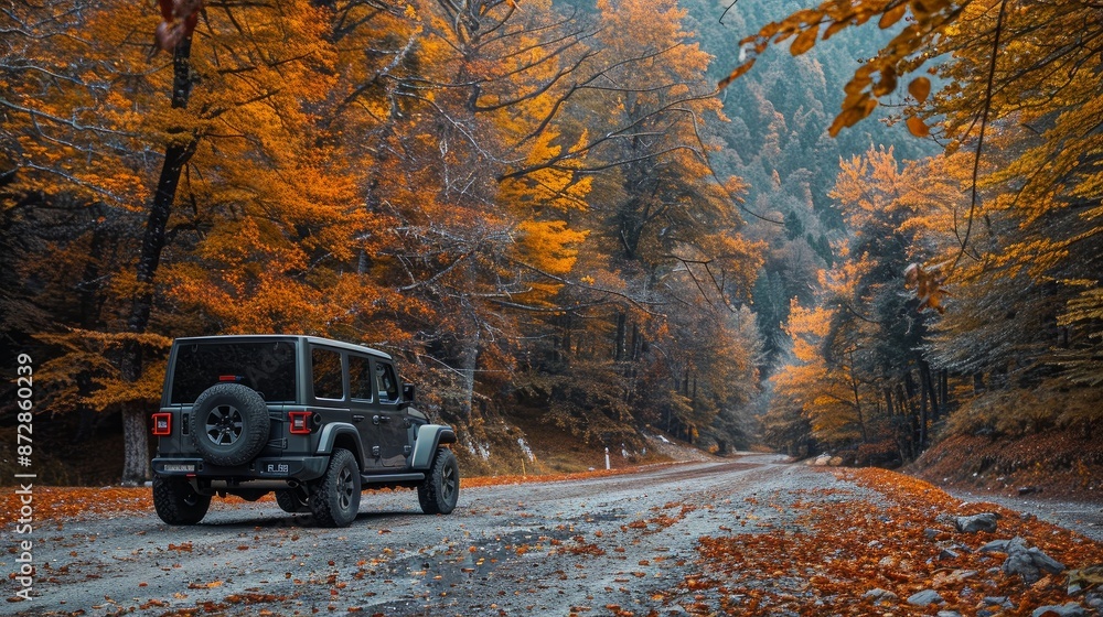 Fototapeta premium High passable vehicle parked on an asphalt road in the mountains with a forest painted in autumn colors
