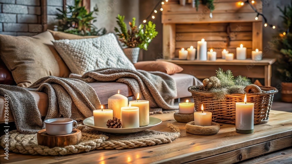 Fototapeta premium Cozy and welcoming hygge-inspired retreat filled with warm blankets, candles, and rustic decor, hygge, retreat, cozy, warm