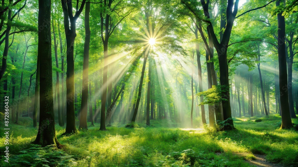 Obraz premium Lush green forest with sun rays filtering through the trees, nature, beauty, serene, tranquil, landscape, environment