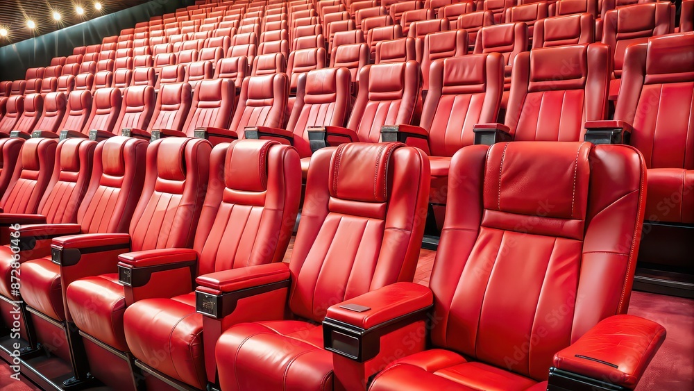 Obraz premium Row of red leather seats in a movie theater setup, red, leather, seats, movie theater, cinema, traditional, seating