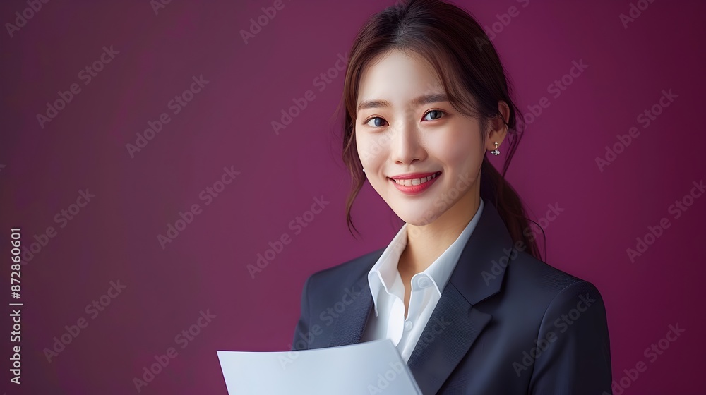 Hallyu Businesswoman Holding Paper in Neo Pop Style on Deep Plum Background Hallyu Businesswoman Holding Paper in Neo Pop Style on Deep Plum Background