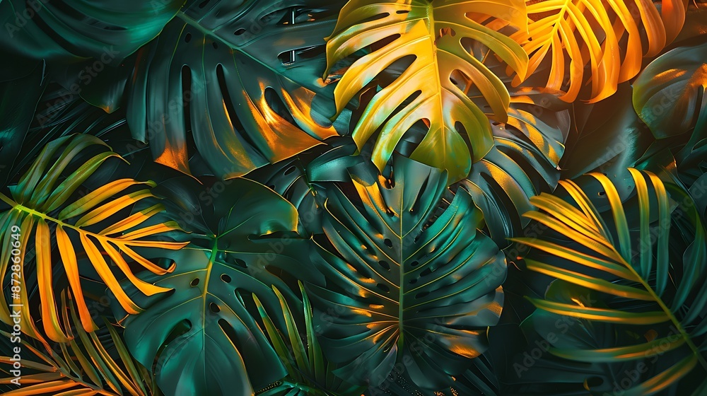 A nature-inspired flat lay of tropical leaves with glowing yellow and orange accents, ultra HD, A nature-inspired flat lay of tropical leaves with glowing yellow and orange accents, ultra HD,