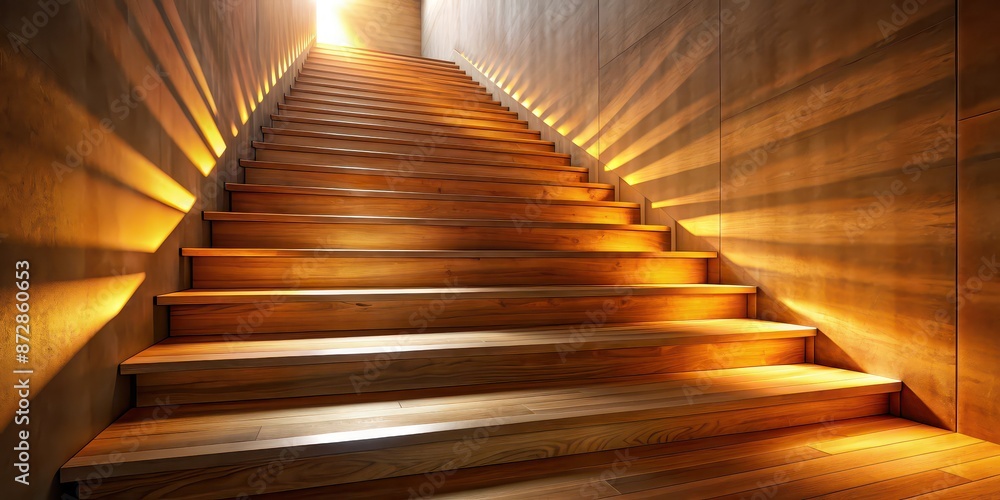 Fototapeta premium Staircase illuminated by golden light, wooden stairs bathed in warm glow , golden, light, staircase, wooden, warm, glow
