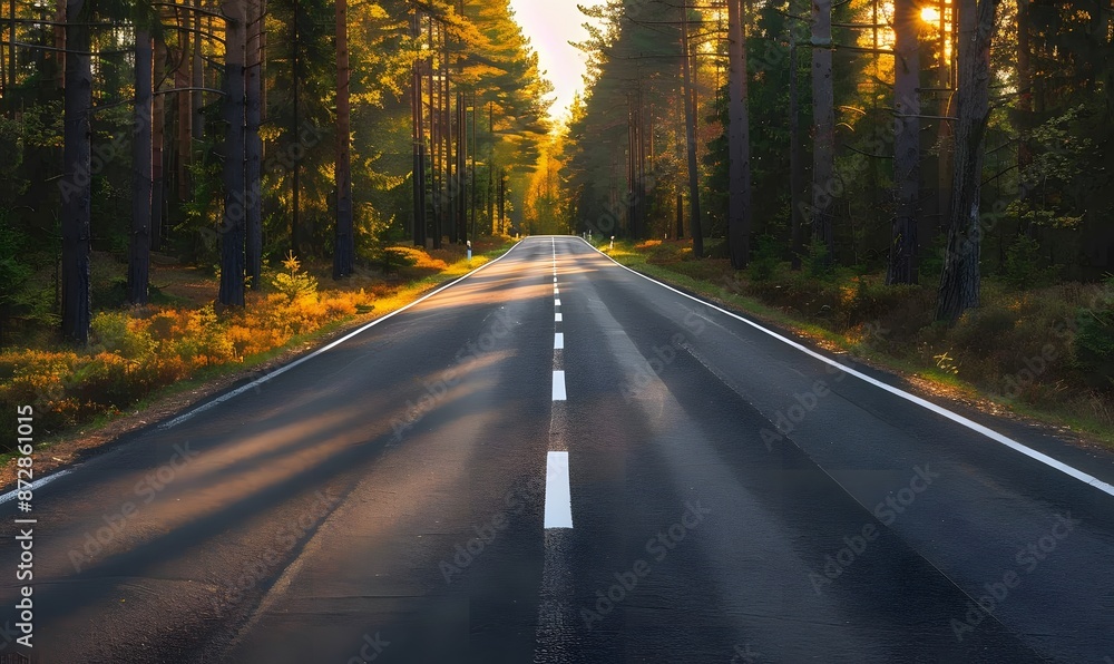 Fototapeta premium Scenic Road Through Forest at Sunset