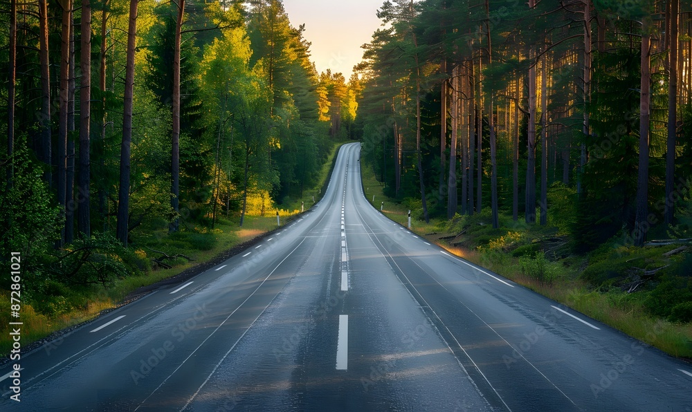 Scenic Asphalt Road Through Summer Forest at Sunset Scenic Asphalt Road Through Summer Forest at Sunset