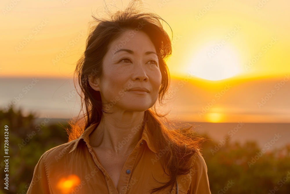 Portrait of a blissful asian woman in her 40s sporting a breathable hiking shirt on stunning sunset beach background Portrait of a blissful asian woman in her 40s sporting a breathable hiking shirt on stunning sunset beach background