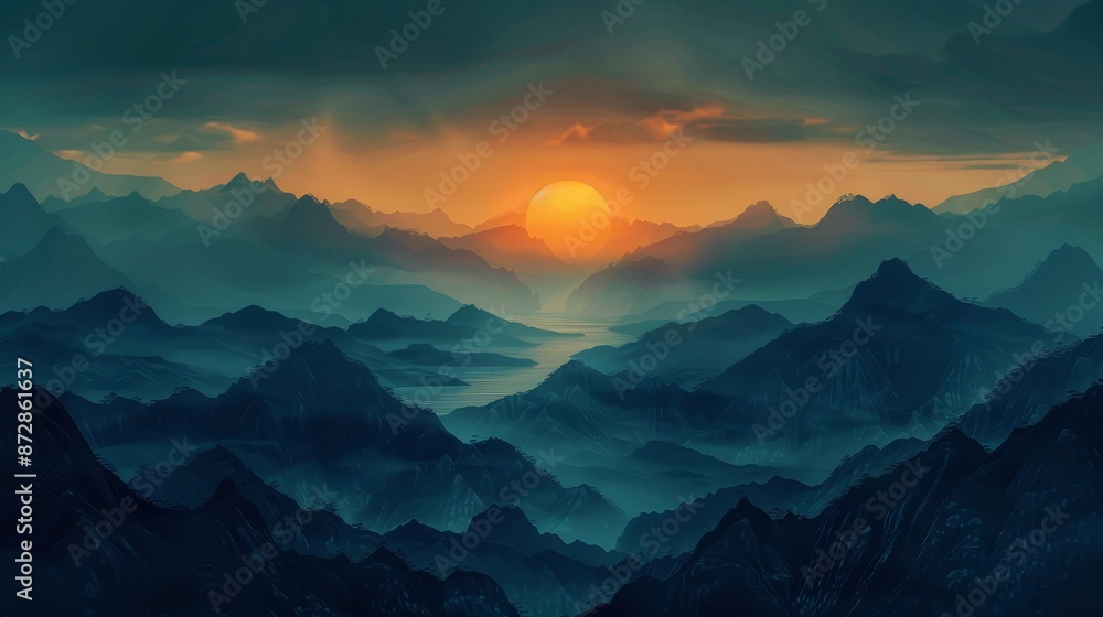 Obraz premium Chinese wind wallpaper, ink wash, modern Chinese style, landscape paintings, golden brushstrokes, paintings, posters, and cards are all incorporated into this abstract background.