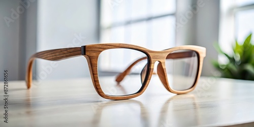 Stylish wooden glasses on white table, wood, eyewear, fashion, elegant, chic, natural, eco-friendly, modern