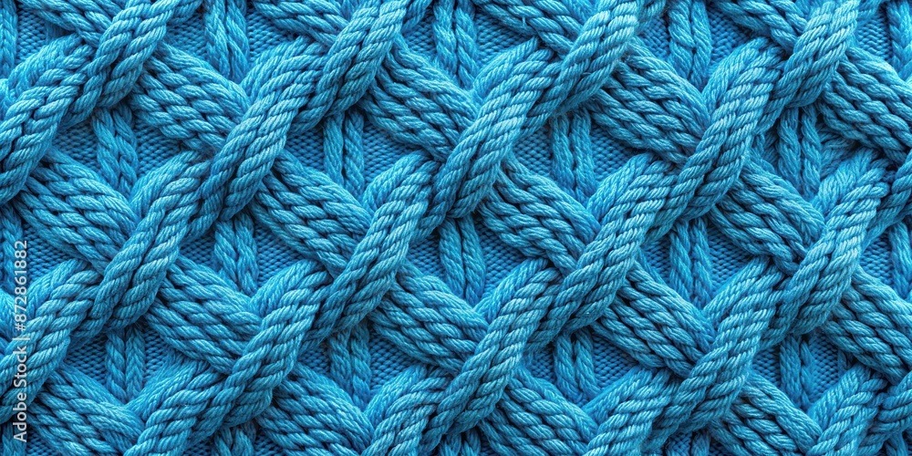 Detailed close-up of a textured blue knitted material with intricate patterns and weaving , blue, knitted, fabric Detailed close-up of a textured blue knitted material with intricate patterns and weaving , blue, knitted, fabric