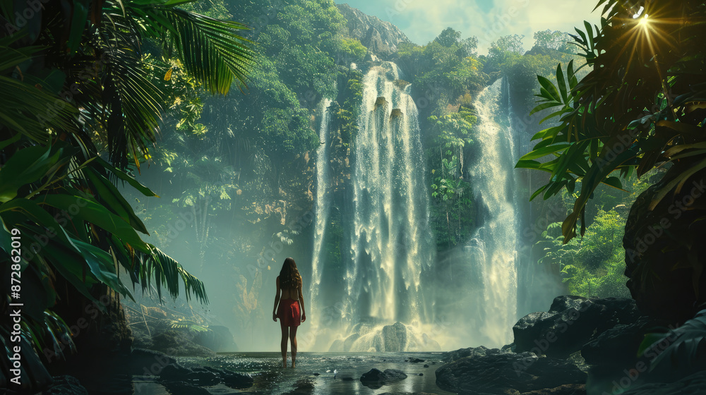 woman standing in front of waterfall in tropical forest woman standing in front of waterfall in tropical forest