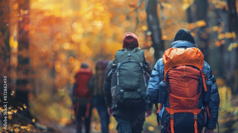 There is a group of tourists hiking on a forest trail with hiking backpacks in autumn fall. It is seen from behind the woman wearing a backpack. There is a group of tourists hiking on a forest trail with hiking backpacks in autumn fall. It is seen from behind the woman wearing a backpack.