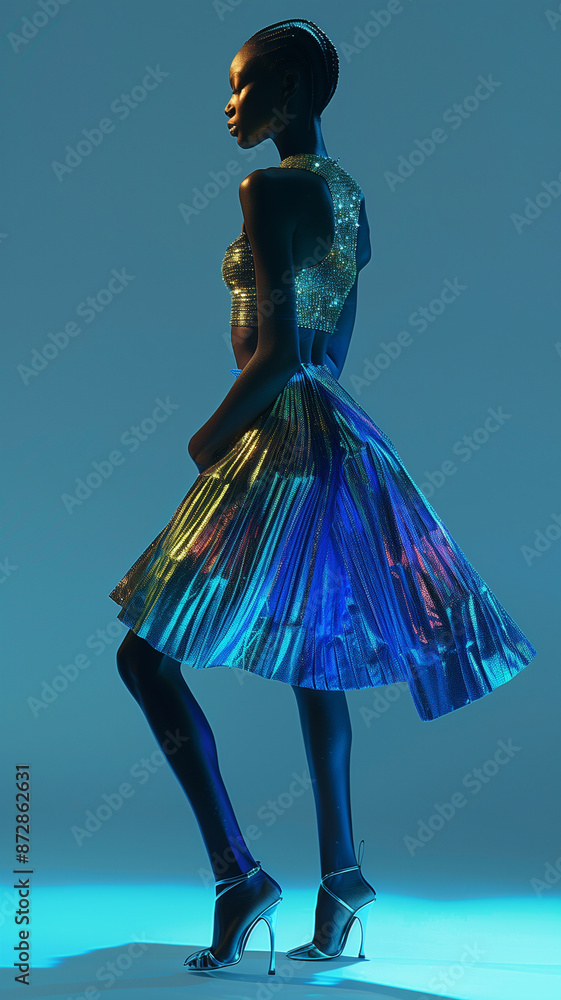 Fashion model posing in a blue pleated skirt Fashion model posing in a blue pleated skirt