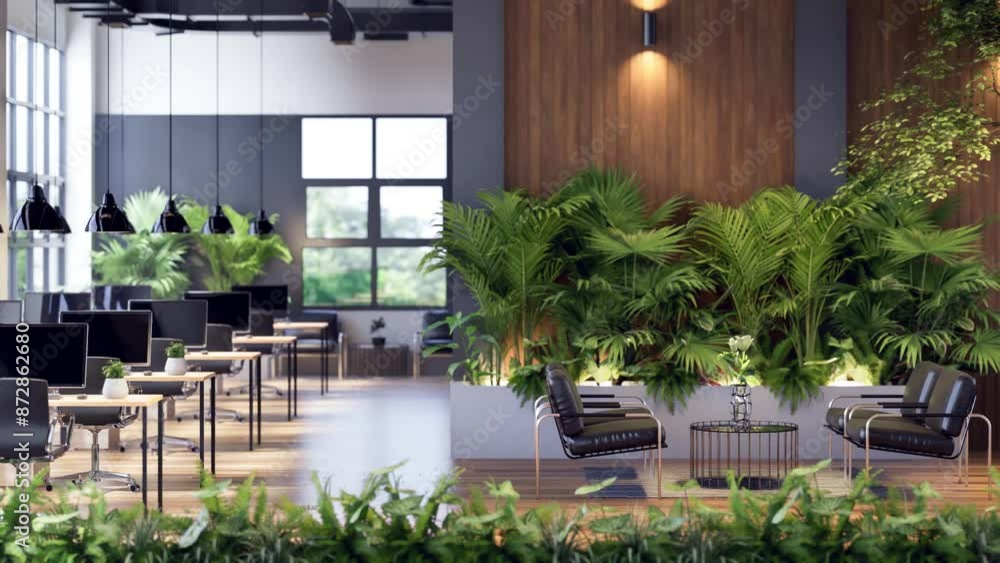 Animation of modern industrial loft style office interior decorated with green nature 3d render, There are wooden floor and plank wall, large window overlooking nature view Animation of modern industrial loft style office interior decorated with green nature 3d render, There are wooden floor and plank wall, large window overlooking nature view
