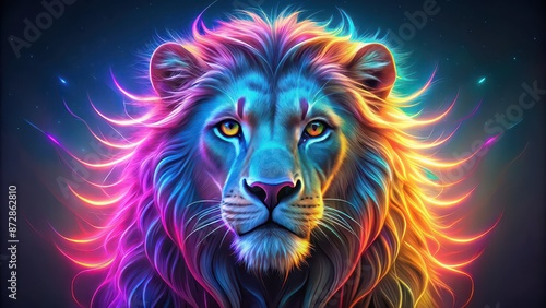 Neon lion with big glowing eyes, neon, lion, wild animal, fluorescent, glowing, eyes, vibrant, colorful, predator, feline