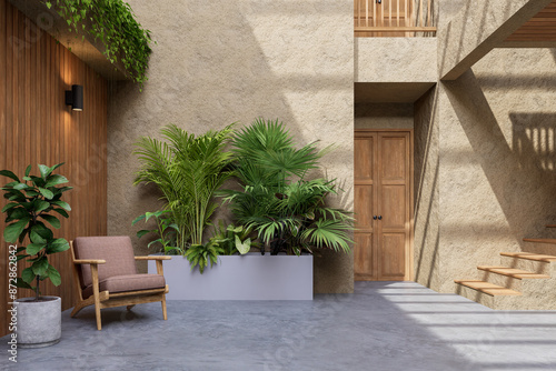 Fototapeta Naklejka Na Ścianę i Meble -  Modern contemporary loft style rustic house interior decorated with nature plant 3d render there are concrete floor clay wall sunlight entering the room from above