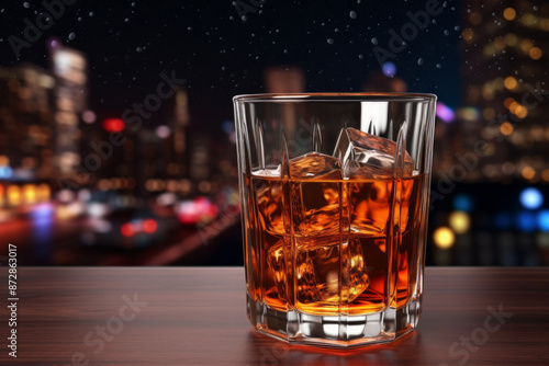 Glass of whiskey with ice cubes on a wooden table against a blurred cityscape background with bokeh lights at night.