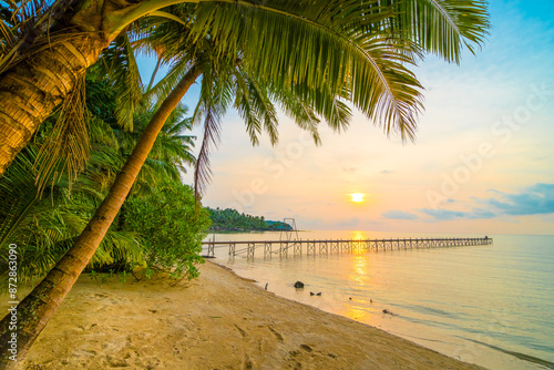 Evening sun sandy beach and wooden bridge.