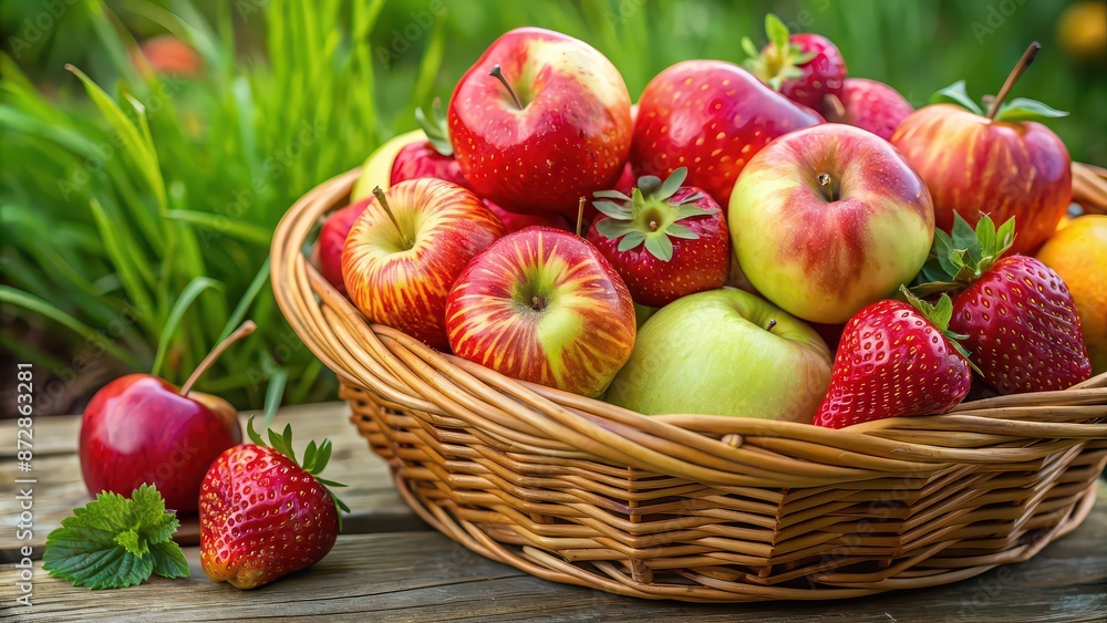 A close-up shot of a colorful basket filled with fresh apples and ripe strawberries, fruit, healthy, food, organic, harvest A close-up shot of a colorful basket filled with fresh apples and ripe strawberries, fruit, healthy, food, organic, harvest