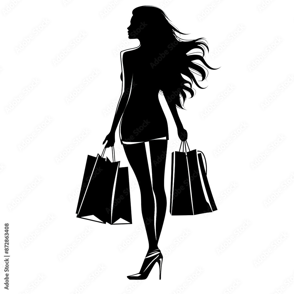 Black silhouette of a woman in profile with long hair carrying many shopping bags isolated on white background. Black silhouette of a woman in profile with long hair carrying many shopping bags isolated on white background.