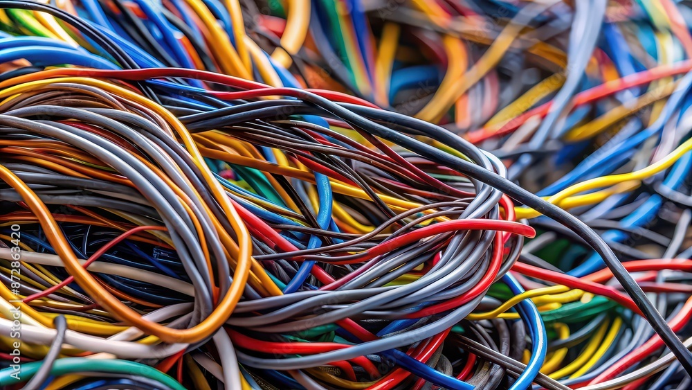 Close-up of tangled cables and wires , technology, network, internet, connection, communication, chaos, messy Close-up of tangled cables and wires , technology, network, internet, connection, communication, chaos, messy