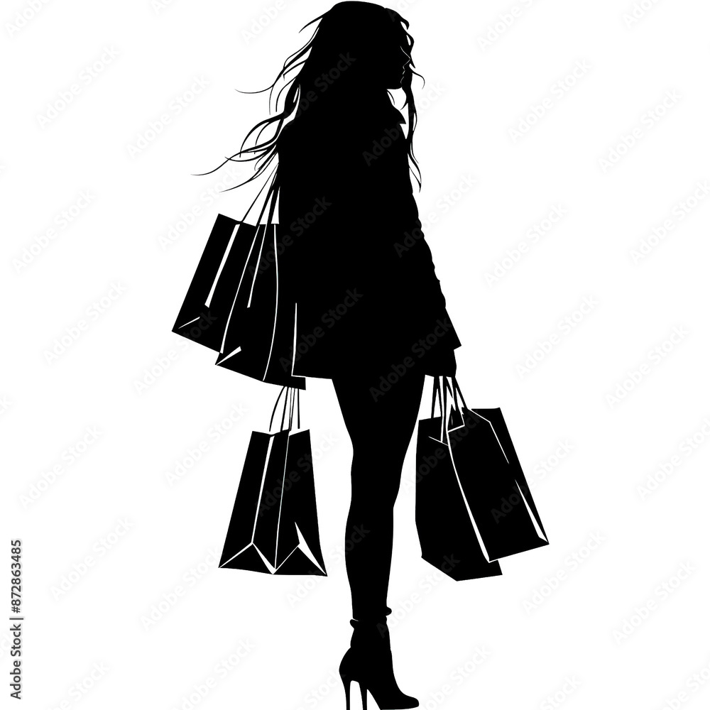 Black silhouette of a woman in profile with long hair carrying many shopping bags isolated on white background. Black silhouette of a woman in profile with long hair carrying many shopping bags isolated on white background.