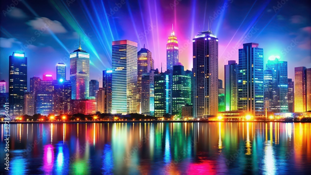 Fototapeta premium Bright, colorful lights on city buildings at night , cityscape, urban, night, illuminated, architecture, skyline