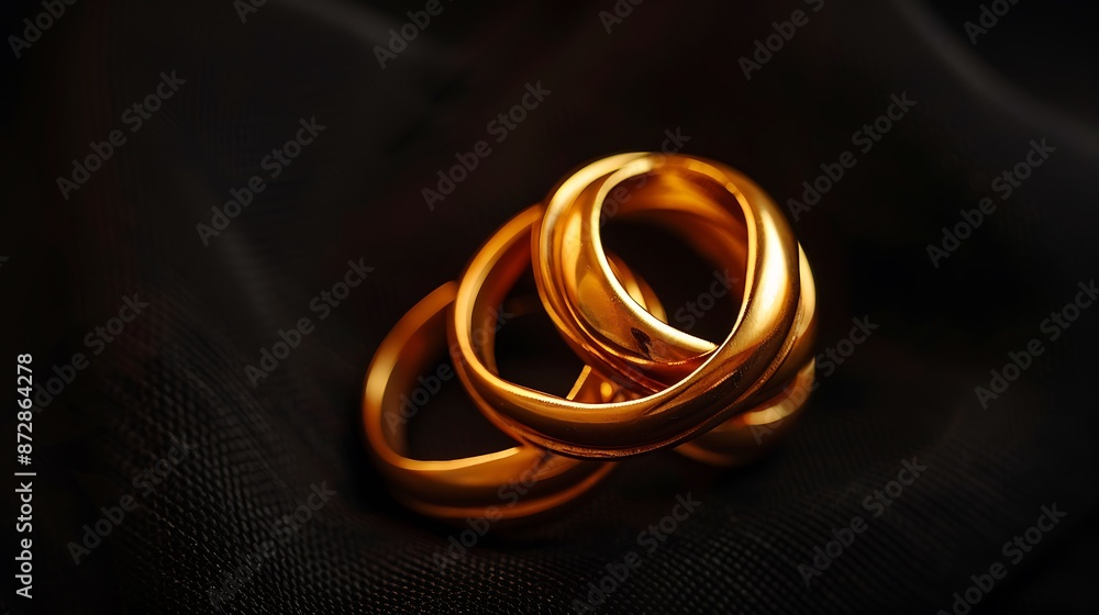 A pair of intertwined golden rings, symbolizing eternal love, set against a rich black canvas, radiating sophistication. A pair of intertwined golden rings, symbolizing eternal love, set against a rich black canvas, radiating sophistication.