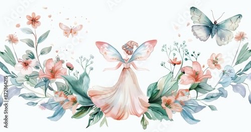 The illustration set depicts a flower frame encircled by fairies in watercolor