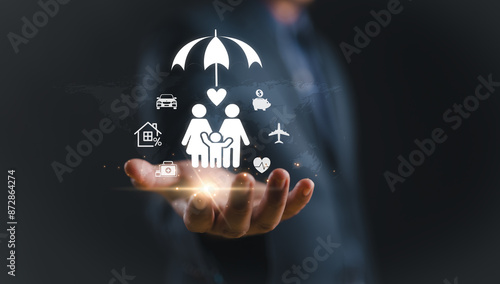 Insurance company clients take out the complete insurance concept. Assurance, insurance, car, real estate and property, travel, finances, health, family, life, accident, and logistics insurance