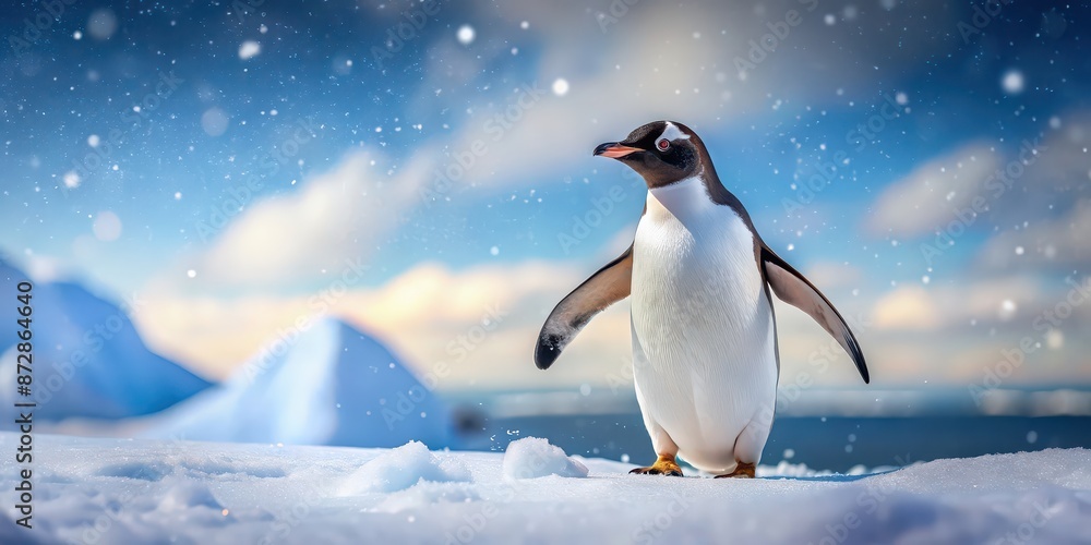 Naklejka premium Playful penguin in a snowy landscape , arctic, bird, cold, wildlife, black and white, aquatic, Antarctica, flippers, waddle