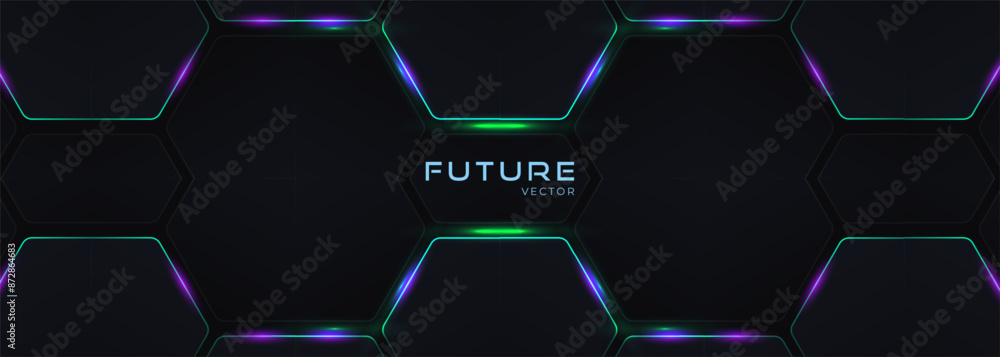 Dark hexagon gaming abstract vector background with green and purple colored bright flashes. Hexagonal gaming vector illustration wide backdrop. Dark hexagon gaming abstract vector background with green and purple colored bright flashes. Hexagonal gaming vector illustration wide backdrop.