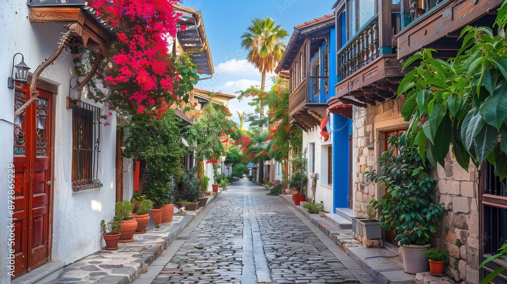 Obraz premium Ottoman houses on the main pedestrian street in Antalya Old Town Kaleici district, Turkey